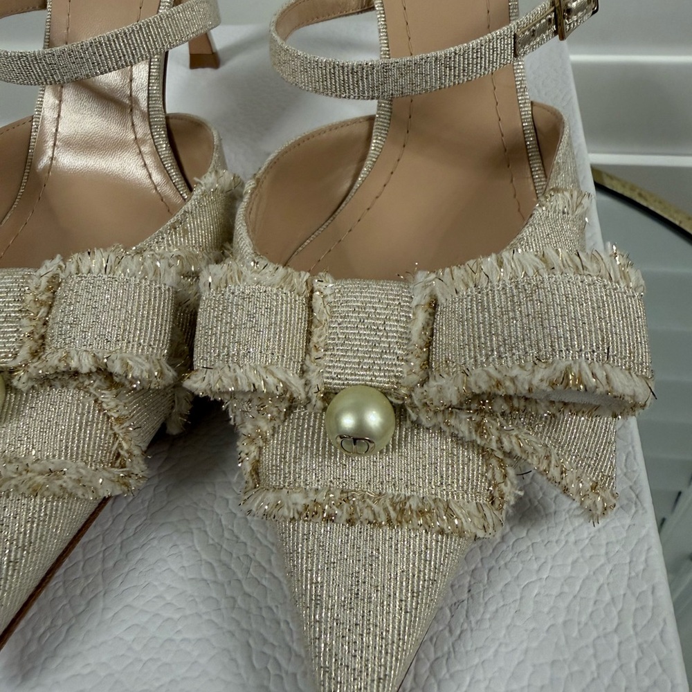 CHRISTIAN DIOR Laminated Grosgrain Pearl Fringe Adiorable Mule 38 Shiny Gold - Picture 6 of 12